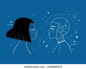 Mädchen, das Android anschaut. Künstliche Intelligenz, Vektorgrafik.