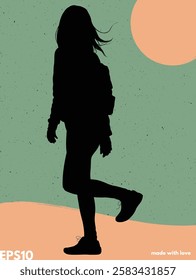 Girl looking back silhouette. Vector abstract graphic texture backdrop