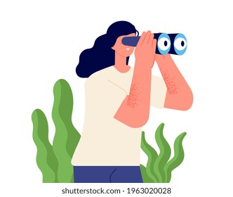 Girl looking binocular. Watching future, happy woman holding spyglass. Something searching lady, explorer business female utter vector character