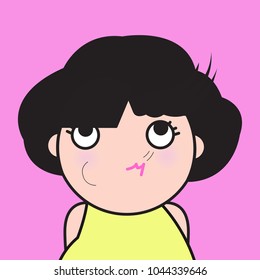 Girl Looking And Blowing Up Her Fringe. It's Time To Cut Down Shearing Trimming Bangs Short Front Hair Concept Card Character illustration