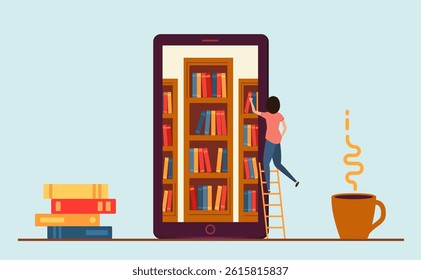 The girl is looking at books. African-American. There's coffee next to her.   Vector illustration in a flat style.