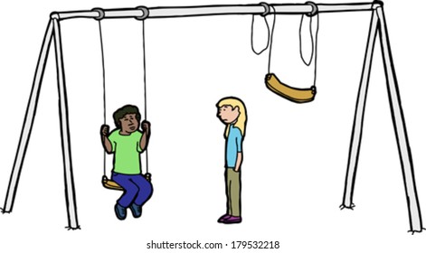 Girl looking at boy on vandalized swing set