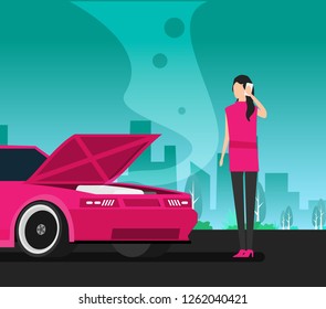 The girl is looking at broken motor. Flat vector.