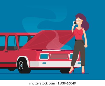 The girl is looking at broken motor. Flat vector.