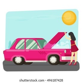 The girl is looking at broken motor. Flat vector.