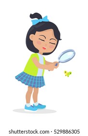 Girl looking at butterfly through magnifying glass. Teenager wearing blue skirt and shoes, green vest. Bright fly. Child with closed eyes and bow on head. Cartoon style. Kindergarten character. Vector