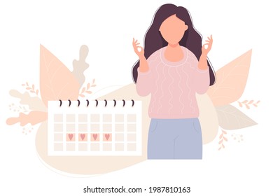 girl looking at calendar. Beautiful Girl relaxes next to her menstruation calendar. Vector illustration. Concept menstruation girl And womens health 