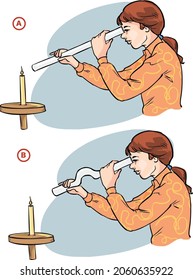 Girl looking at a candle through a straight and bent pipe