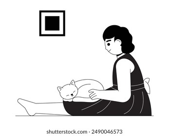 Girl looking at cat sleeping on her lap, kid and pet vector illustration.