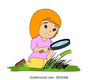 Girl looking at a caterpillar - Vector