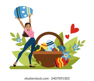 The girl is looking for colored eggs and puts them in a basket. the bright Easter holiday. Flat illustration in cartoon style