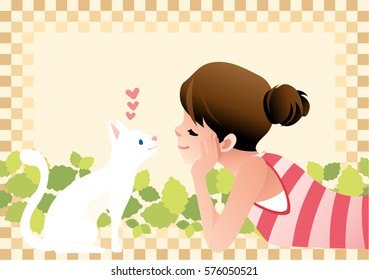 A Girl is Looking A Cute Cat
