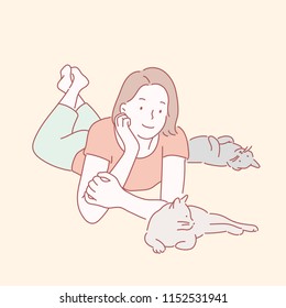 A girl looking up at a cute cat lying on the floor. hand drawn style vector design illustrations.