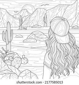  Girl looking at the desert.Coloring book antistress for children and adults. Illustration isolated on white background.Hand draw