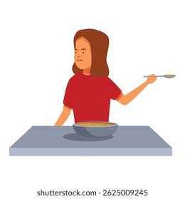 Girl looking disgusted while holding a spoon with soup in front of her at a table