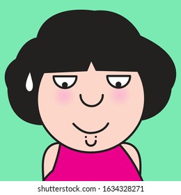 Girl looking down in amazing to see her smiling double chin concept card character illustration