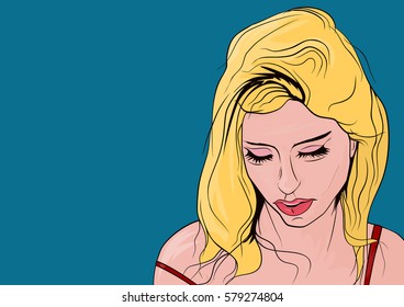 Girl looking down. Flat vector in the style of old comic books.