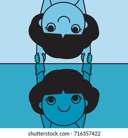 Girl Looking Down At The Water And Reaching Pulling Helping For Her Own Reflection Concept Card Character illustration