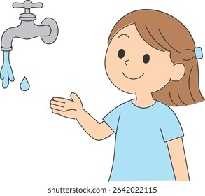 Girl Looking at Faucet Water  Save Water  Sustainability Concept