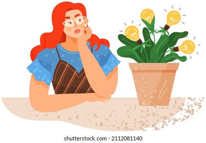 Girl looking at flower with light bulbs. Cultivation of ideas, creative solutions in flower pot. Growing plant with bulbs to find new strategy plan. Business startup and development concept