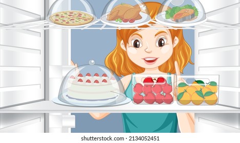Girl looking at food in fridge illustration