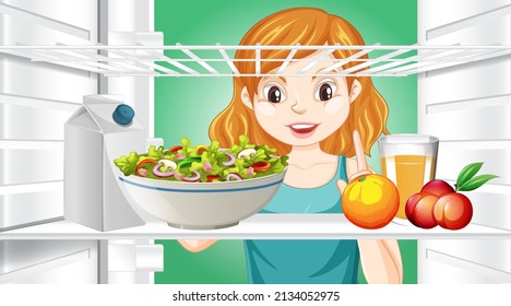 Girl looking at food in fridge illustration