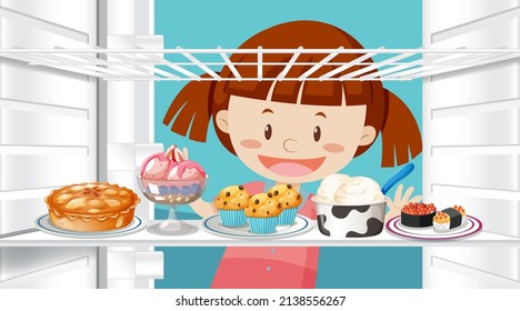 Girl looking at food in fridge illustration