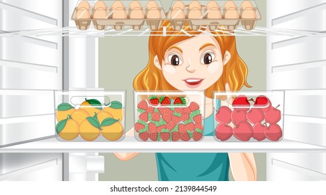 Girl looking at food in fridge illustration