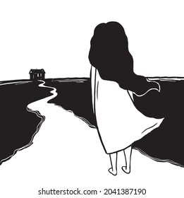 girl is looking forward her home, ink illustration, vector concept clipart