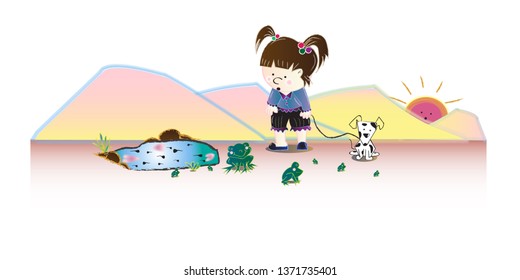 The girl is looking at the frog