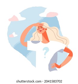 Girl looking to future, success vision vector illustration. Cartoon young woman character with long blond hair wearing shirt with question mark looks at horizon, looking for answers isolated on white background