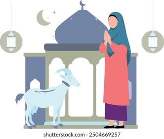 A girl is looking at a goat.