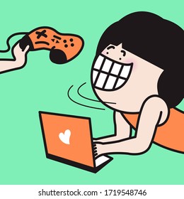 Girl Looking Happier To See The Game Controller From Someone's Hand Rather than Working On Laptop Concept Card Character illustration