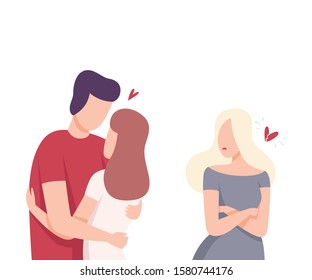 Girl Looking at Happy Romantic Couple, Male and Female Characters Experiencing Unrequited Feelings, One Sided or Rejected Love Flat Vector Illustration