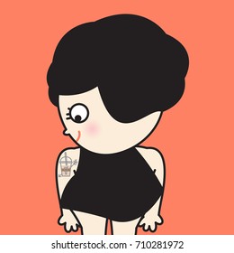Girl Looking At Her Favorite Coffee Drink Tattooed On Her Shoulder Concept Card Character illustration