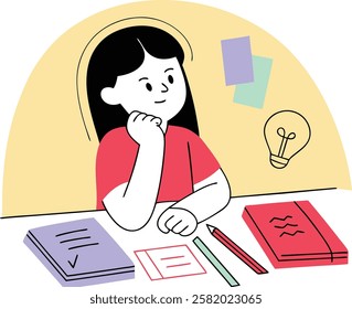 A girl looking at her notes, surrounded by books, with a light bulb symbolizing an idea.