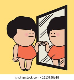 Girl Looking At Her Own Reflection In The Mirror And Touching It With Her Finger Concept Card Character illustration