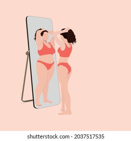 Girl looking at her reflection. Anorexia, body shaming dysmorphophobia, self hate, dissatisfaction with appearance concept. Vector illustration. 