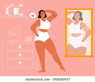 Girl Looking Herself In The Mirror. Self Love, Body Positivity, And Body Acceptance Concept.