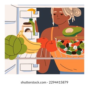 Girl looking inside fridge. Young sad woman on vegetarian diet, opening refrigerator with eating. Healthy dietary food products, fresh fruits, vegetables, salad on shelf. Flat vector illustration