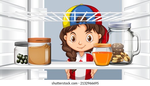 Girl looking inside the refridgerator illustration