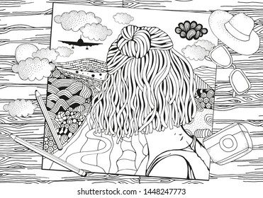 The girl is looking into the distance. The plane flies away above the clouds. Long road and mountains. Anti stress Coloring Book page for adult. Black and White vector. zentangle art, doodle style. 