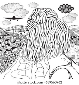 The girl is looking into the distance. The plane flies away above the clouds. Long road and mountains. Anti stress Coloring Book page for adult. Black and White vector. zentangle art, doodle style. 