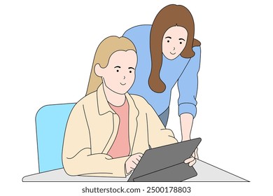 Girl looking into tablet and woman teacher helping her. Teacher in a technology class. Vector flat illustration.