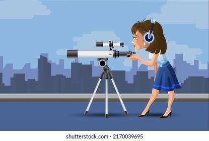 Girl looking into telescope. Cute woman character on handphones. Urban background