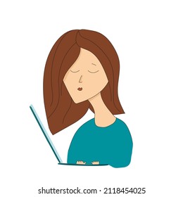 Girl is looking at laptop screen, isolated vector illustration. Brunette in a green sweater.