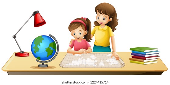 Girl looking map on table illustration