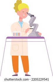 Girl looking in microscope. School research. Kid scientist isolated on white background