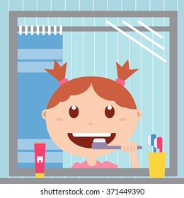 Girl looking at the mirror and brushing her teeth in the bathroom. Happy baby with healthy teeth, toothpaste and toothbrush.
Vector flat  illustrations.