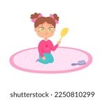 Girl looking at mirror vector illustration. Cartoon cute little princess with smile holding mirror to look and make beautiful hairstyle in morning, funny kid sitting on home carpet with comb